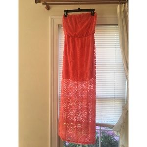 Strapless Lace Coral Maxi Dress